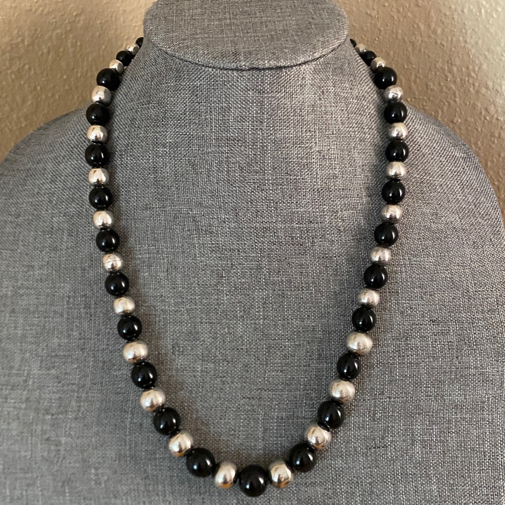 Vintage TAXCO Mexican Sterling Silver & Black Onyx Graduated Bead Necklace 24”